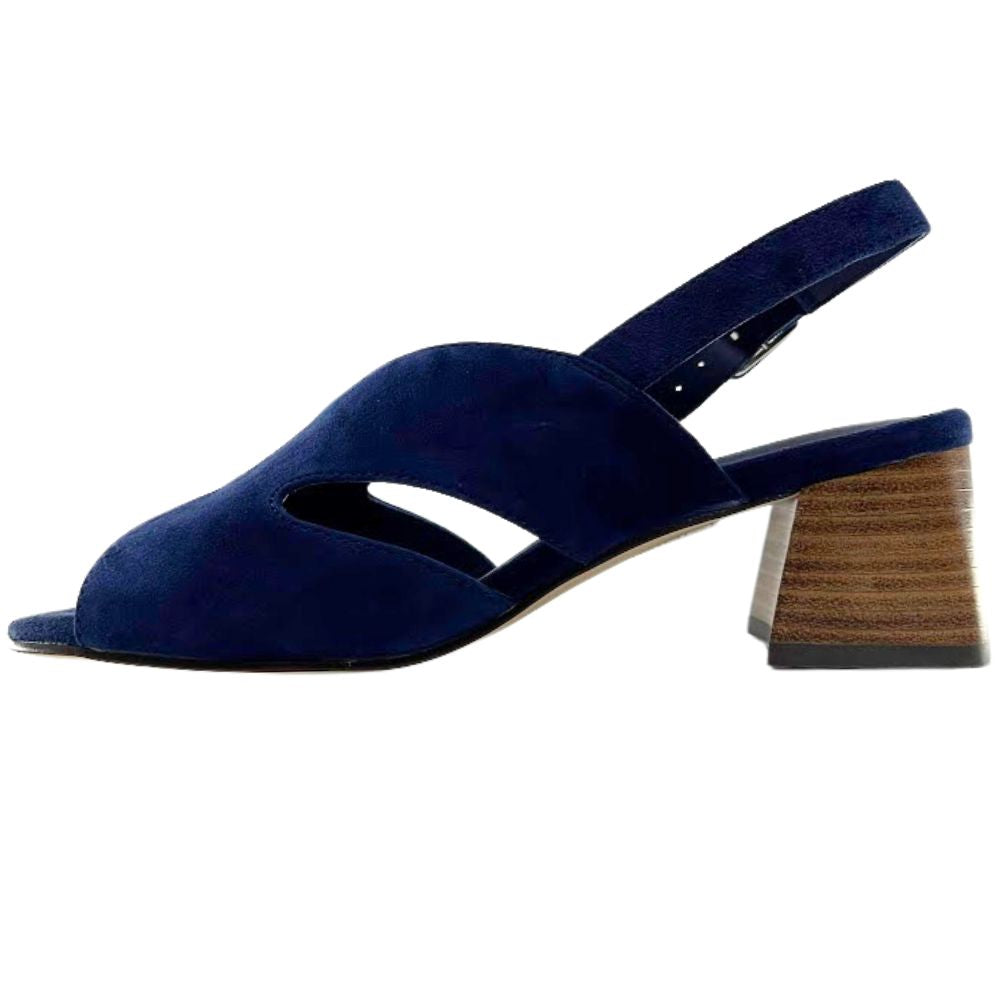 A navy suede slingback sandal with peep toe and cutout panels on a chunky wooden block heel, shown from a side profile on a white background.