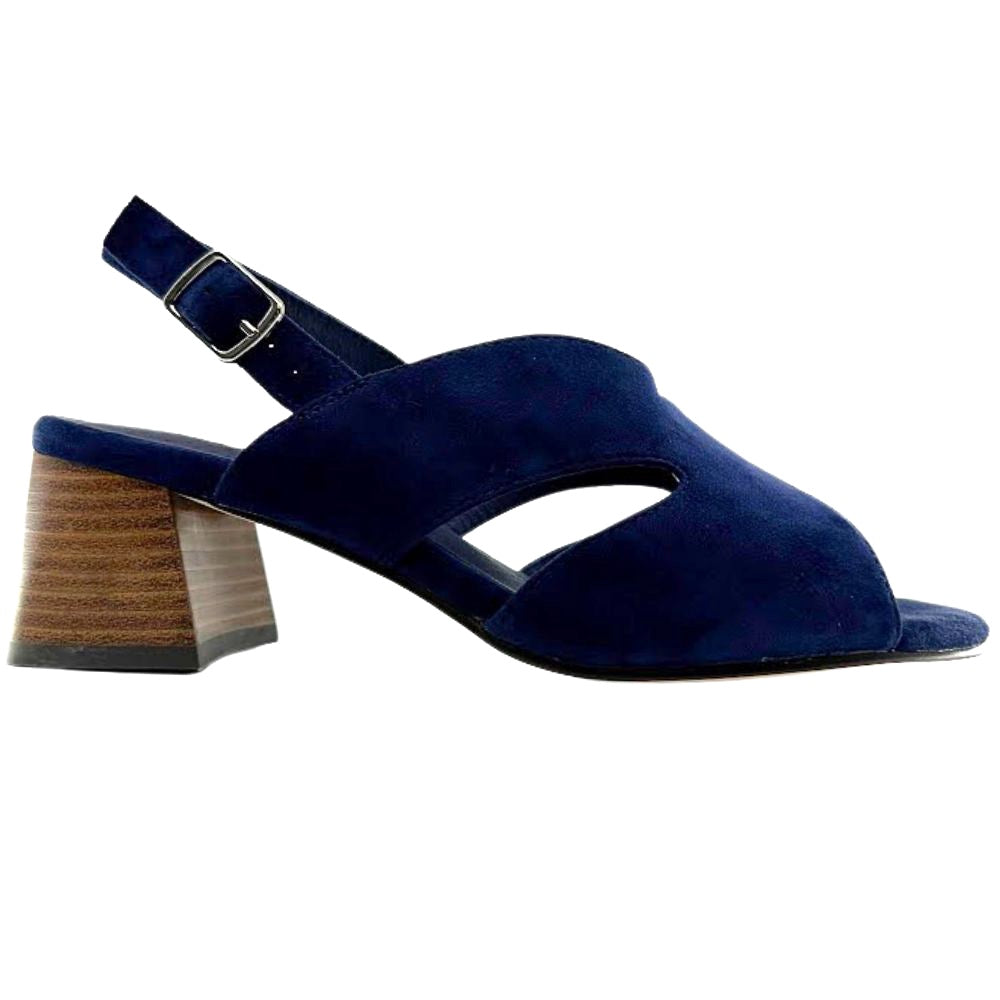 A navy blue suede slingback sandal with a chunky wooden block heel and a silver buckle, shown from a side profile on a white background.