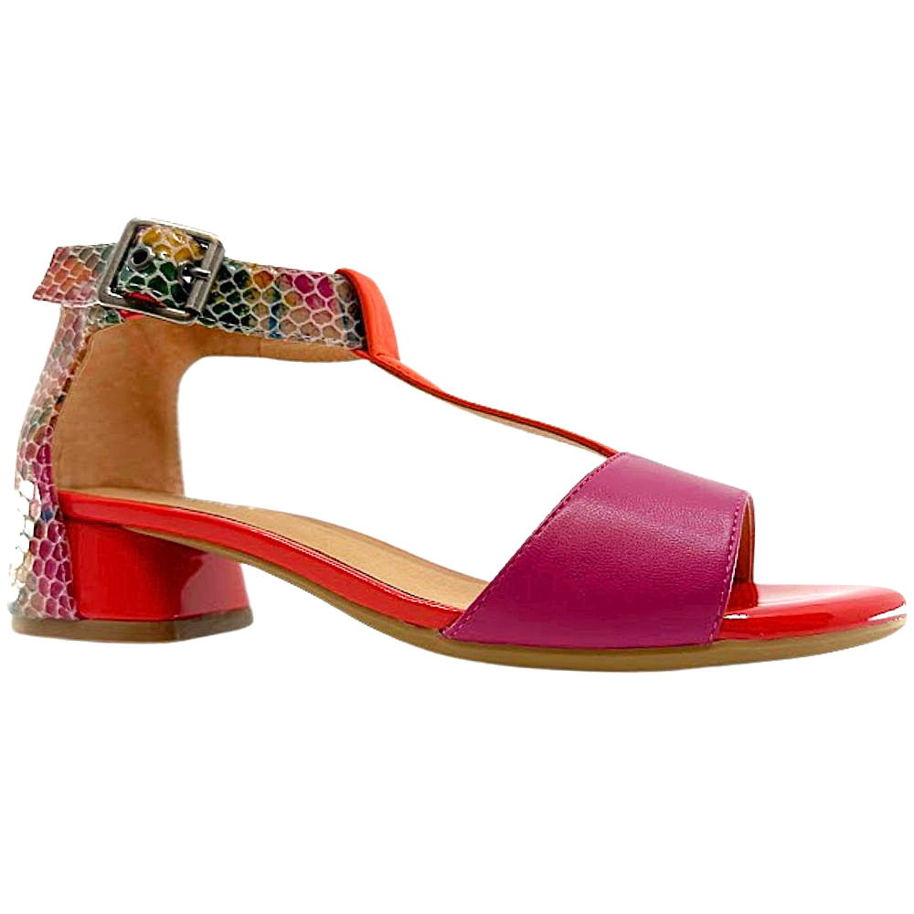 Colorful sandal with a multicolored buckle on a white background