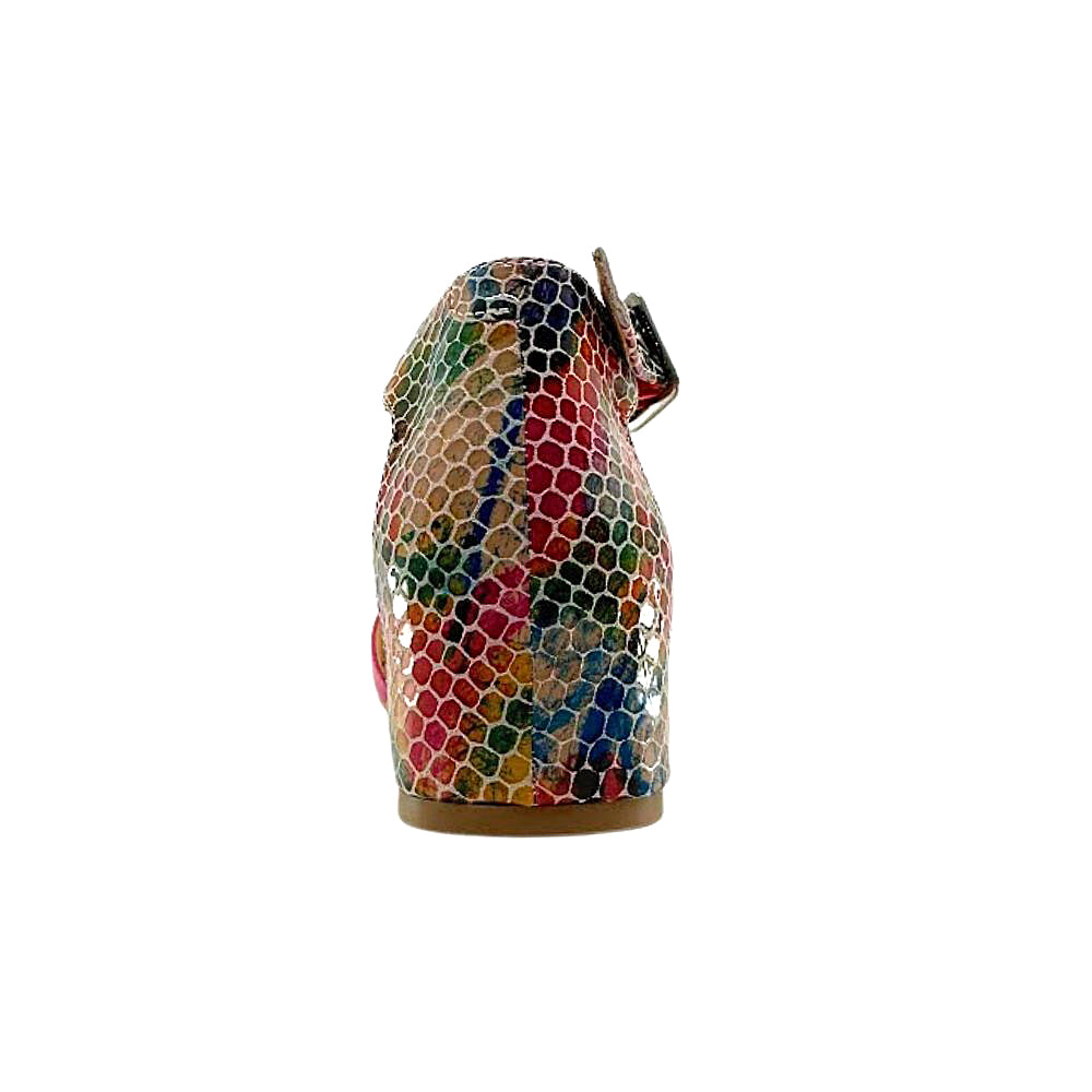 Back of multicolored honeycomb-patterned heel on a white background
