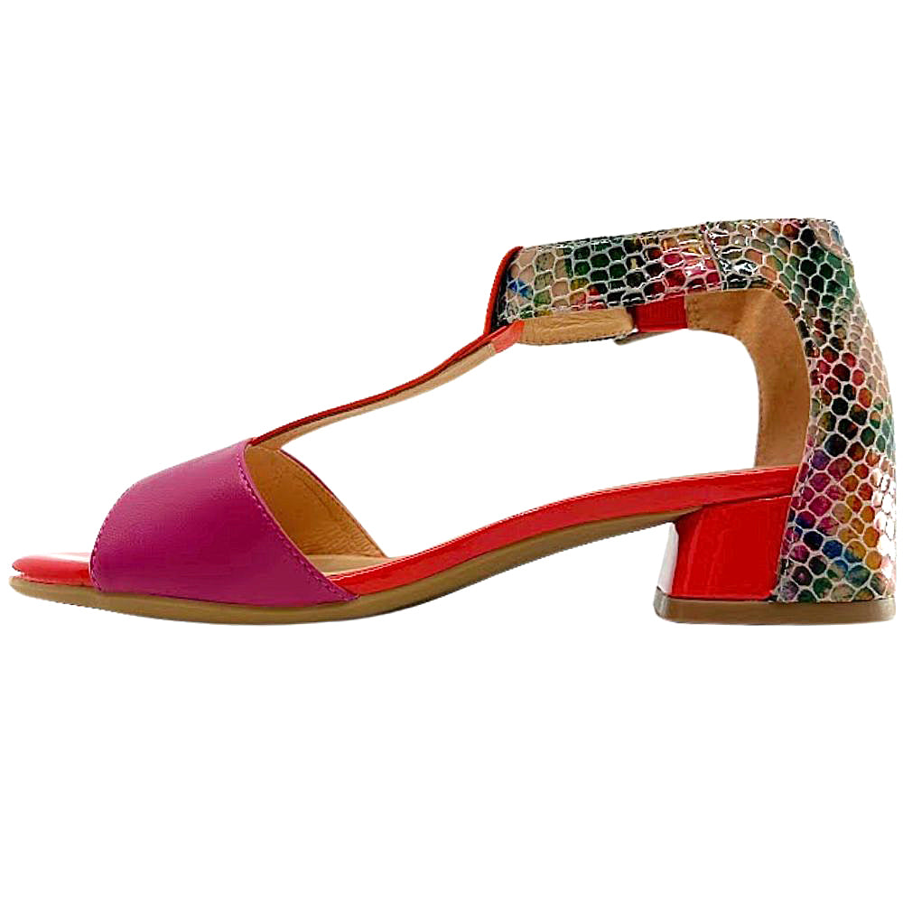 Colorful sandal with pink toe strap and multicolored heel on a white background