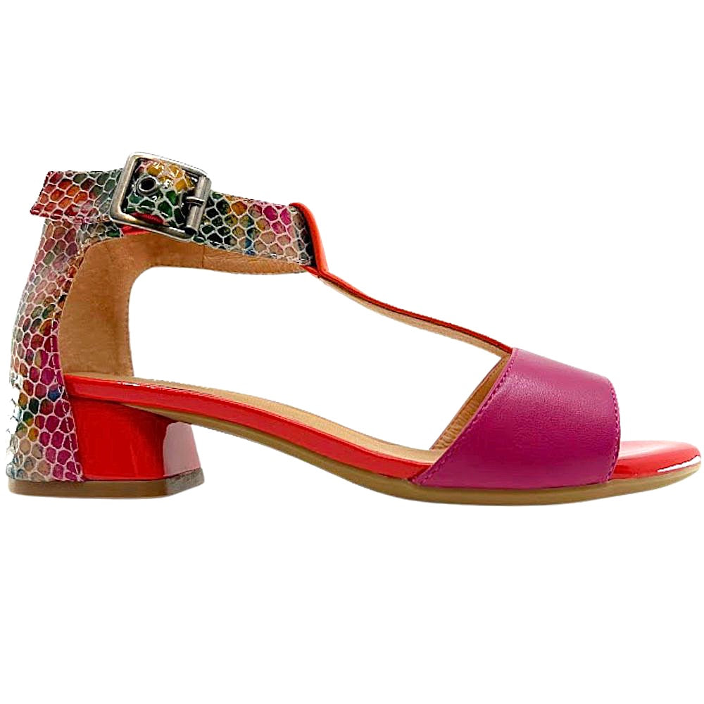 Colorful sandal with a multicolored strap and orange heel on a white background