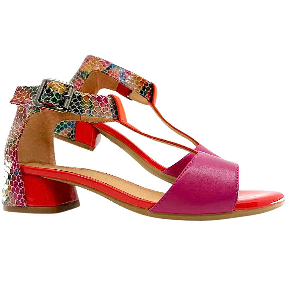 Colorful sandal with a multicolored heel and pink strap on a white background