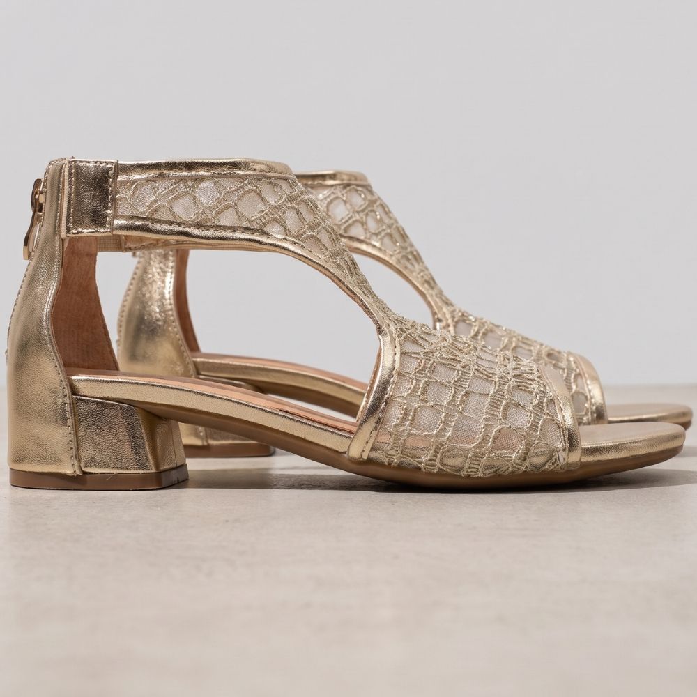 A pair of gold mesh and leather 'Bresley' heeled sandals with a T-strap design, rear zip and a low block heel against a neutral background.