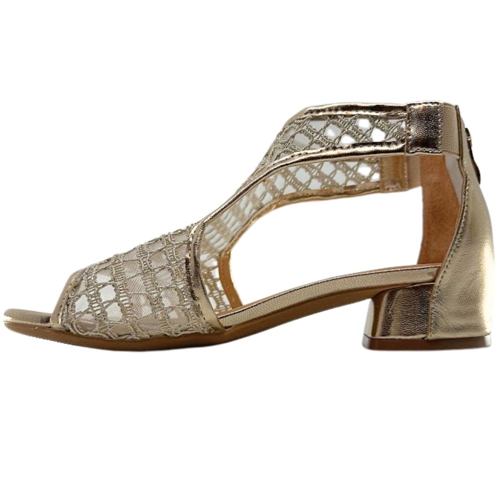 An inside view of a gold mesh and leather 'Bresley' heeled sandal, with a T-strap design, rear zip and a low block heel against a white background.