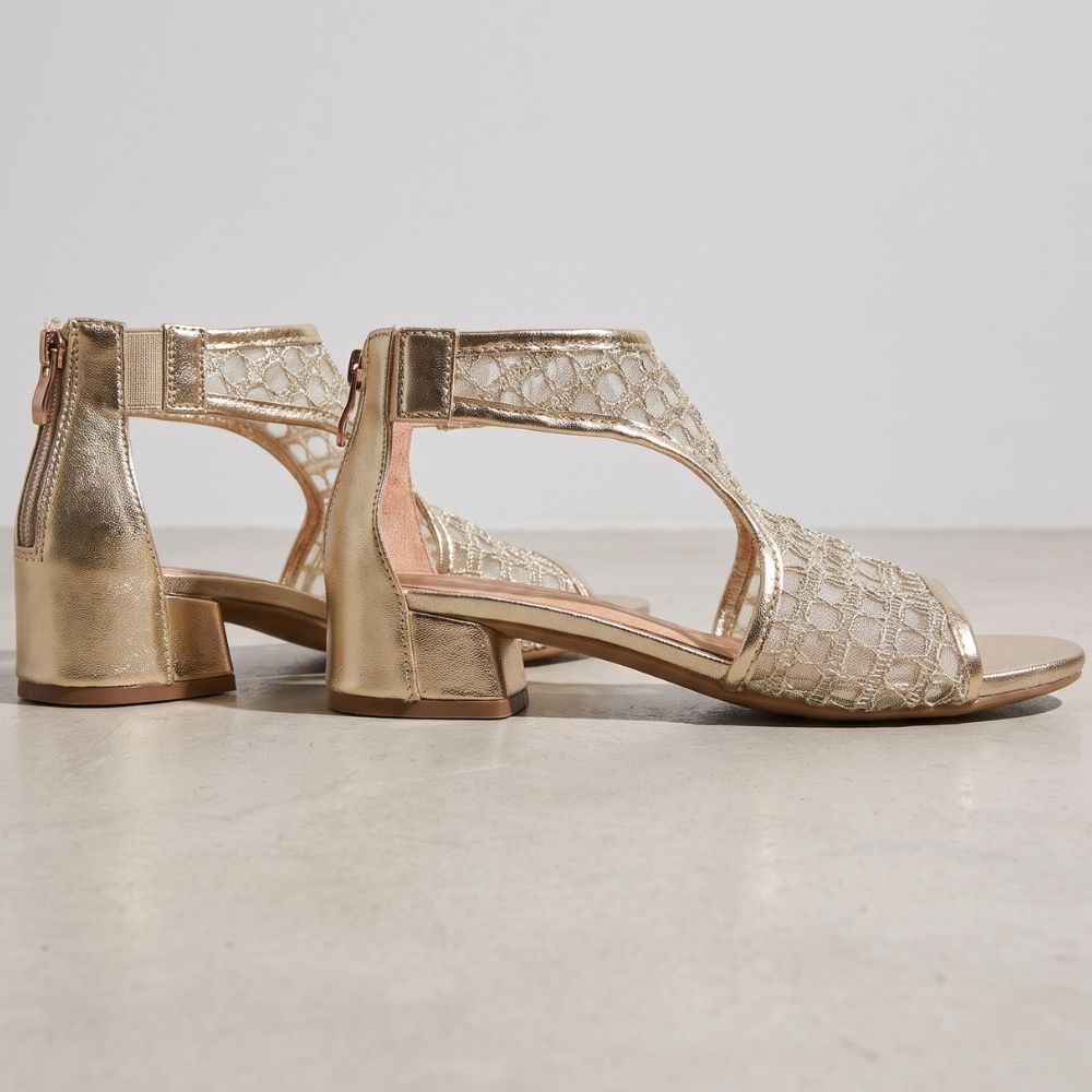 A pair of gold mesh and leather 'Bresley' heeled sandals with a T-strap design, rear zip and a low block heel against a neutral background.