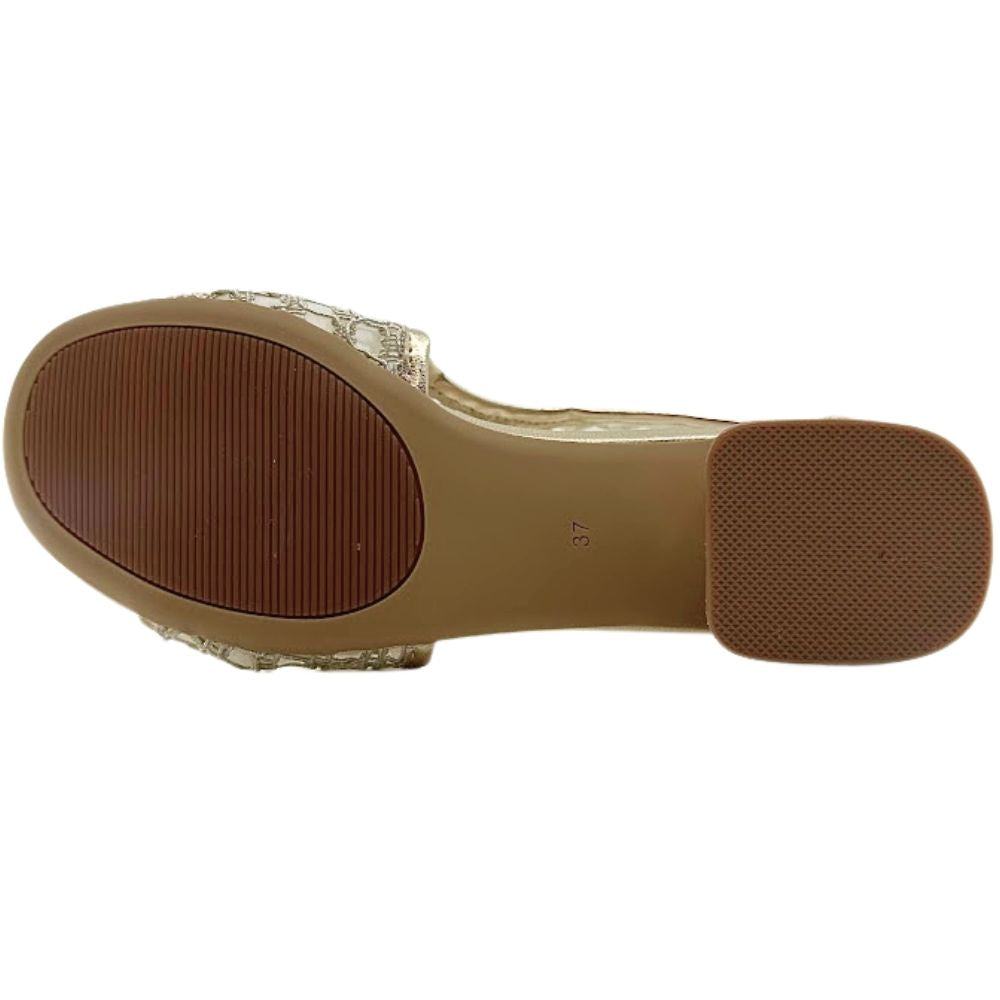 The brown leather and rubber outsole of a 'Bresley' heeled sandal, showing a tread pattern, against a white background.