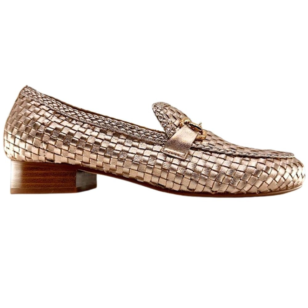 A single woven leather loafer in a metallic rose gold finish with a low brown block heel, shown in profile against a plain white background.