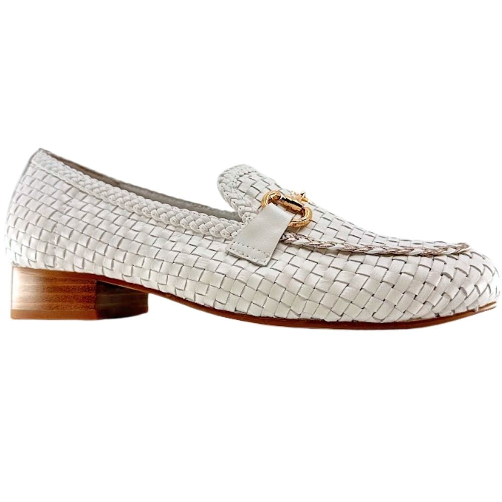 A single woven leather loafer in white with a small gold-tone horsebit detail and a low brown block heel, shown from a side profile on a white background.