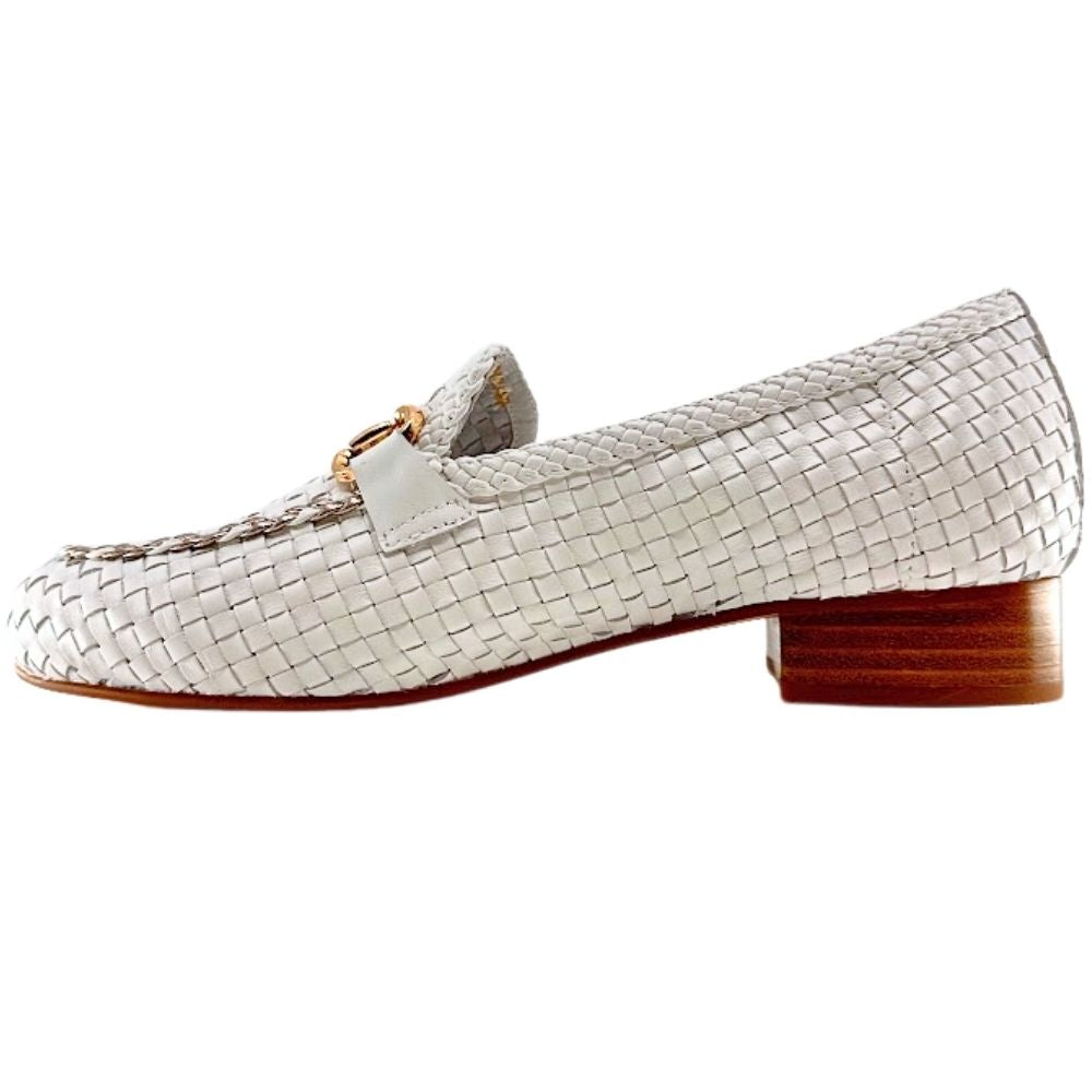 A single woven leather loafer in white with a brown block heel and a small gold-tone horsebit detail on the vamp, shown in profile against a white background.