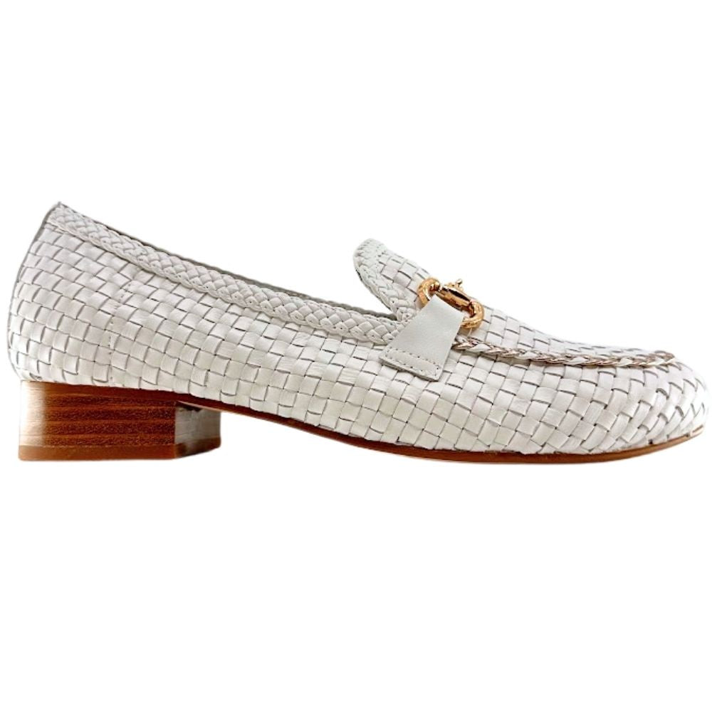 A single white woven leather loafer with a low brown block heel and a gold-tone horsebit detail on the vamp, shown in profile against a plain white background.