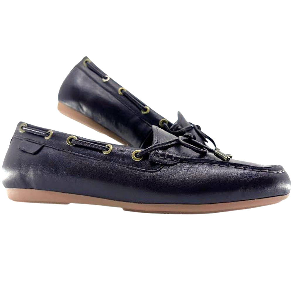 Pair of dark brown loafers with gold accents on a white background