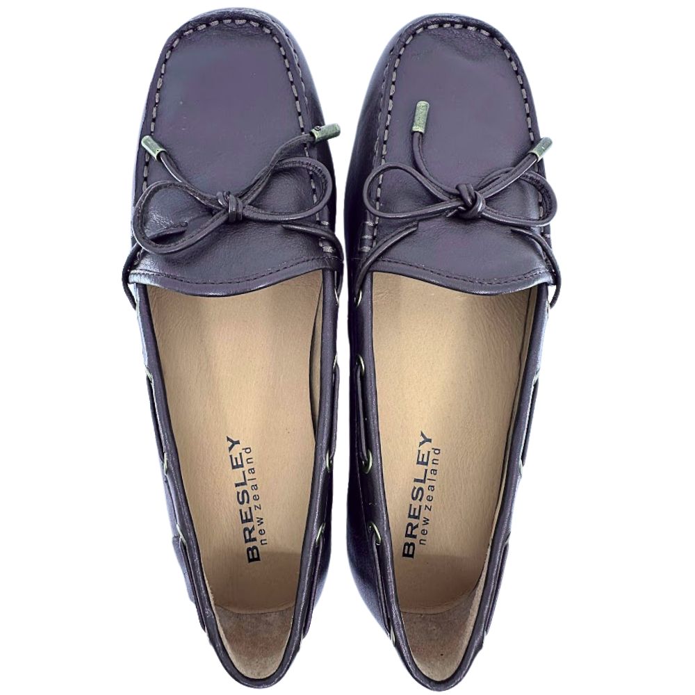 Pair of dark brown loafer shoes with a visible brand logo on a white background