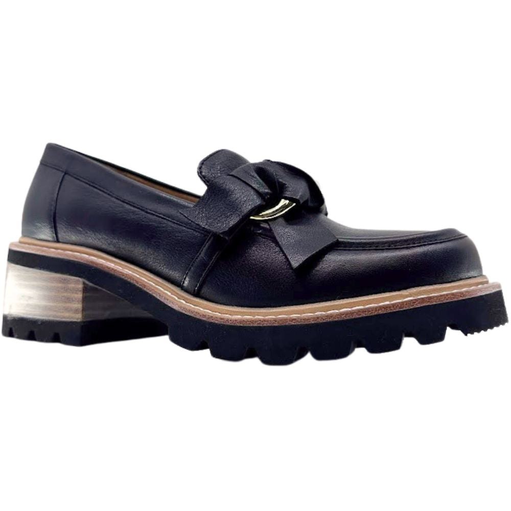 Black loafer shoe with a chunky sole on a white background