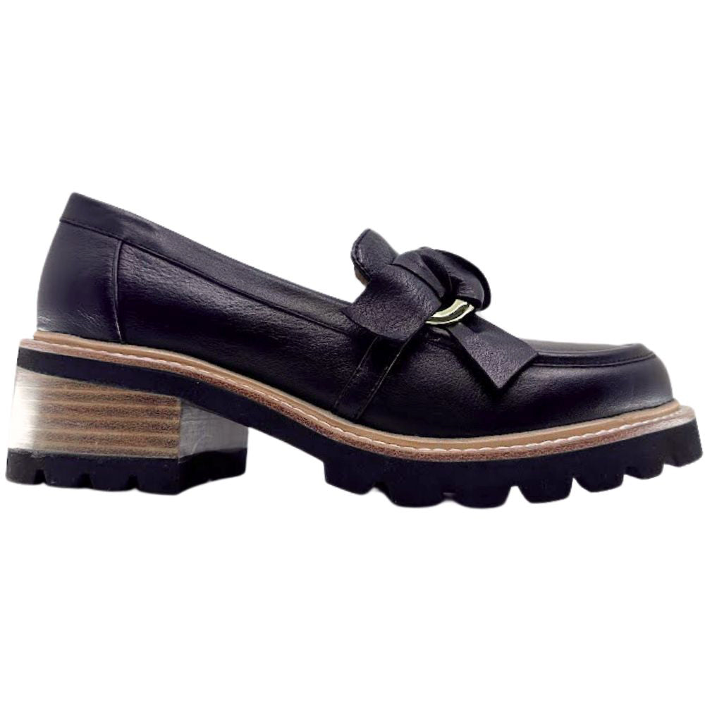 Black loafer shoe with a bow on a white background