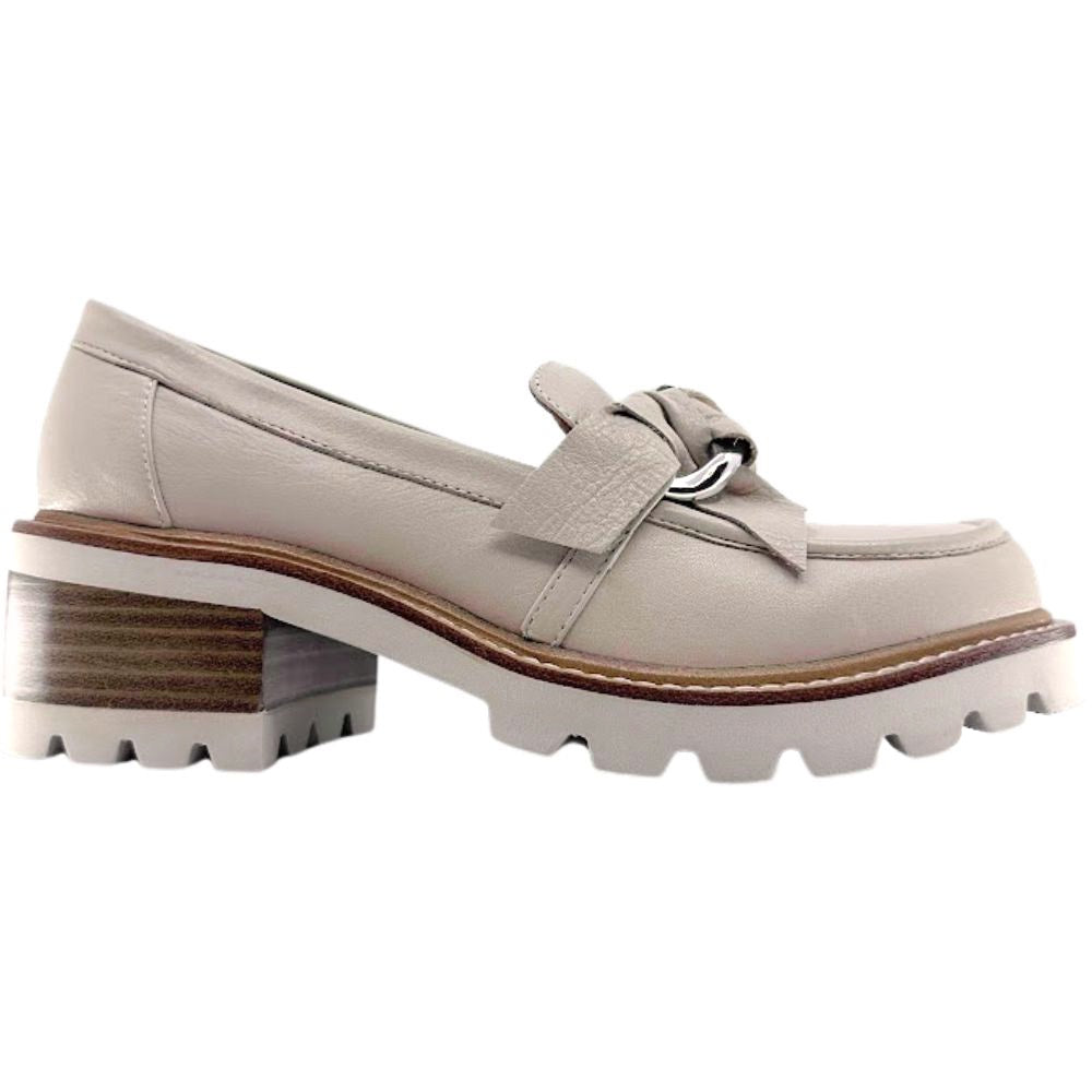 Cream loafer shoe with a wooden sole on a white background