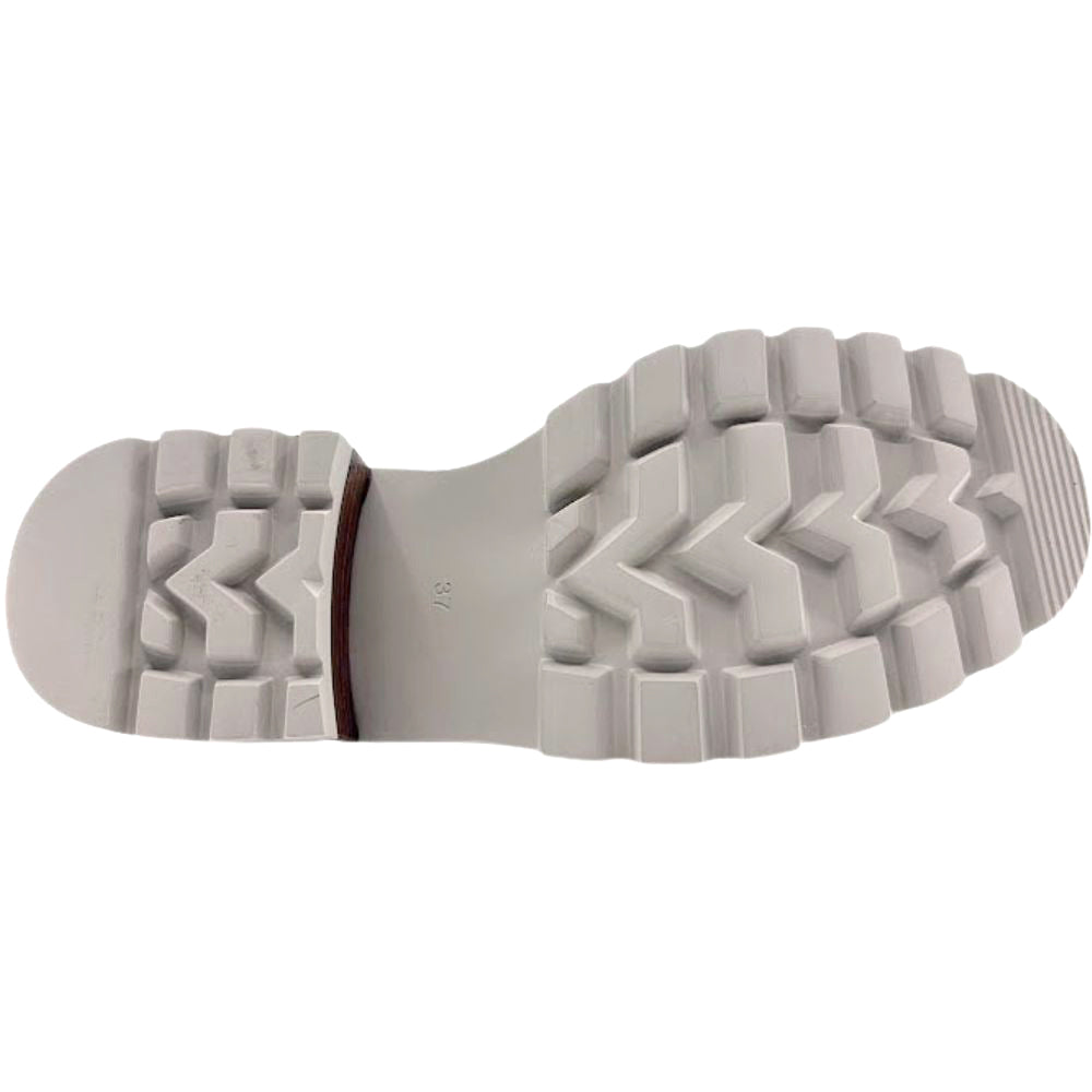 Close-up of a white loafer sole with tread pattern on a white background