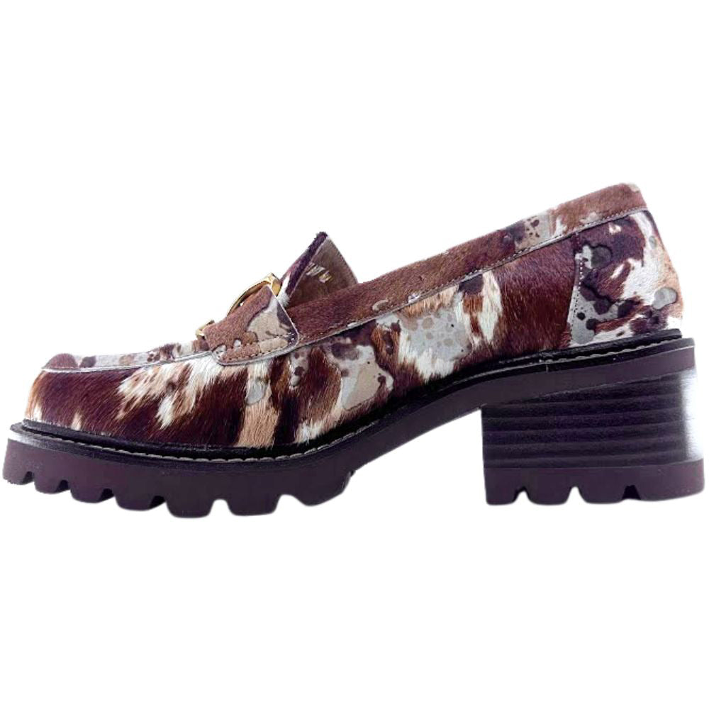 Loafer with brown and white animal print pattern on a white background