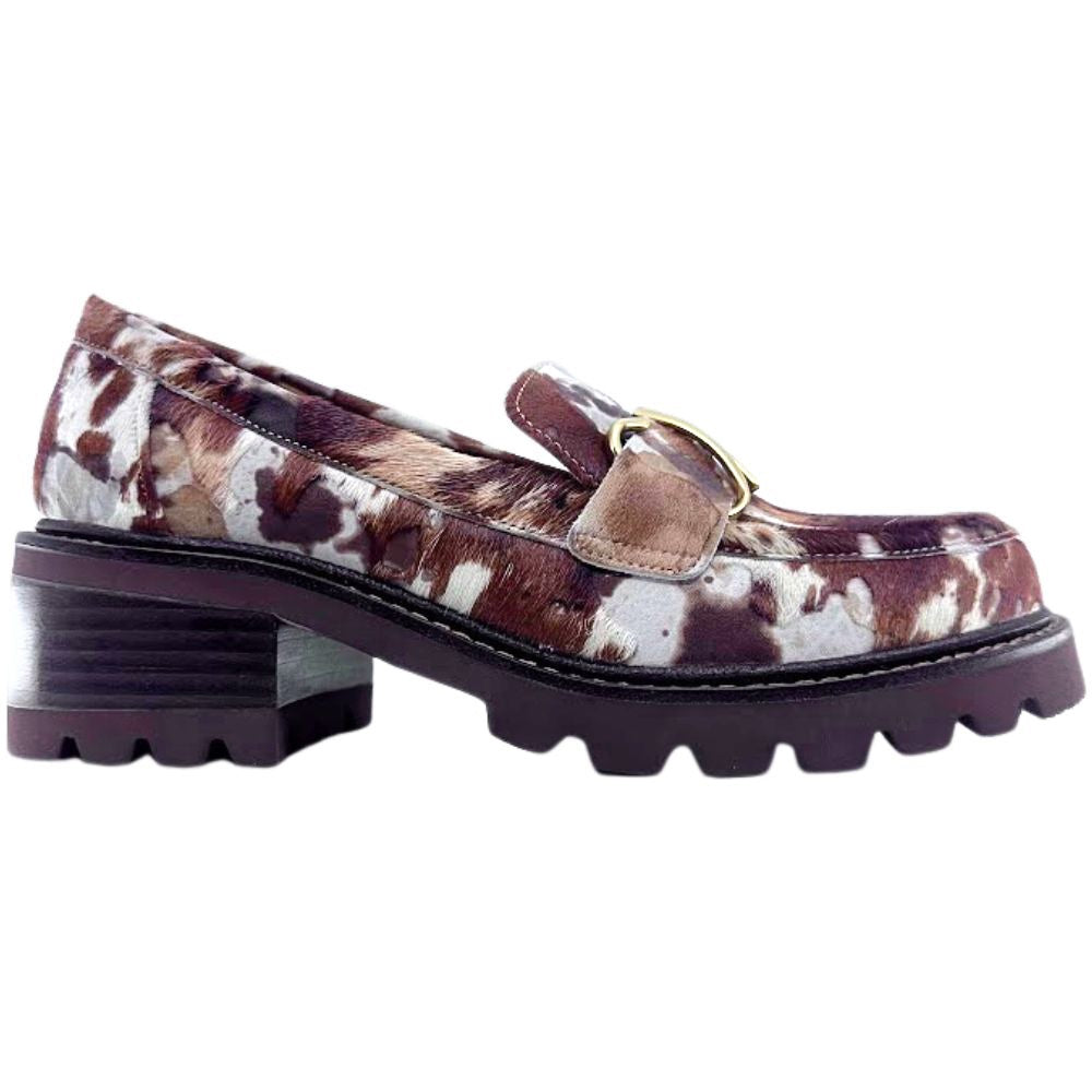 Animal print brown and white loafer shoe with a block heel on a white background