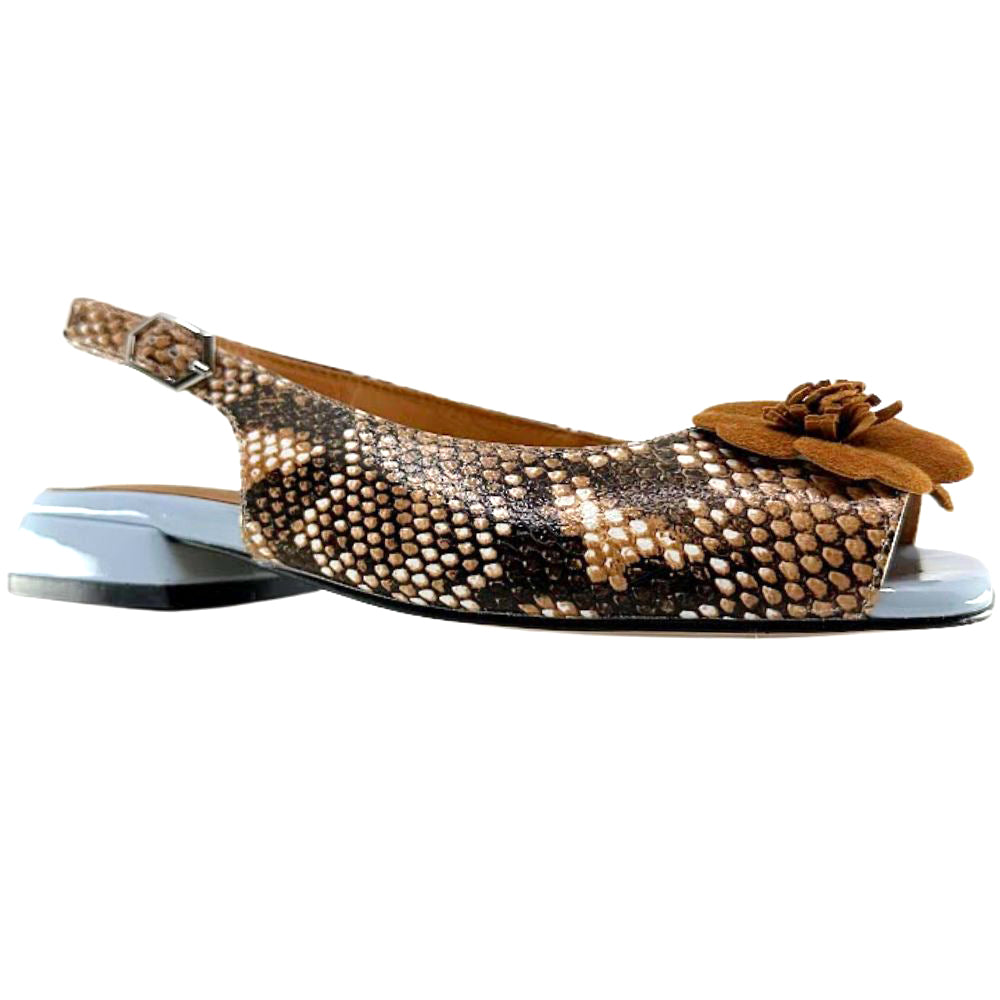 A single women's slingback flat shoe featuring a brown and beige snakeskin pattern upper, a matching brown suede flower embellishment on the toe, and a low block heel.