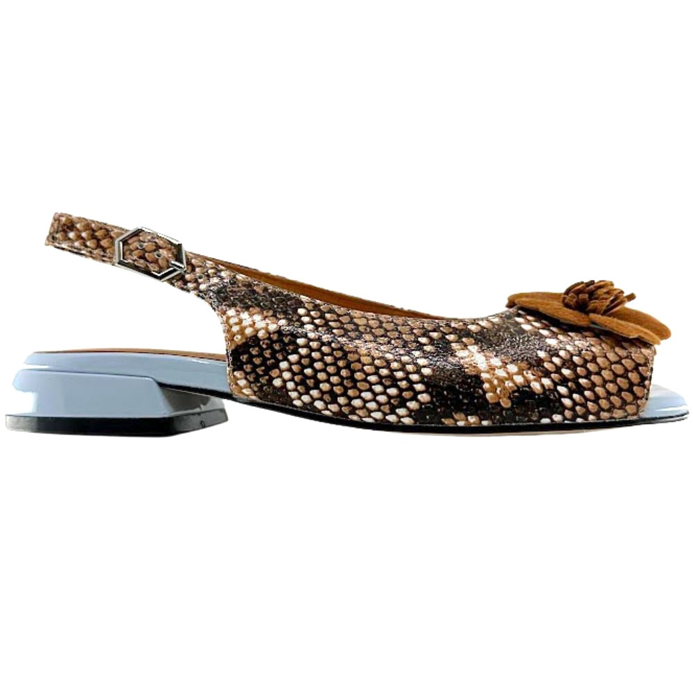 A single women's slingback flat shoe featuring a brown and beige snakeskin pattern upper, a small brown suede flower detail on the toe, and a light blue block heel, shown against a plain white background.