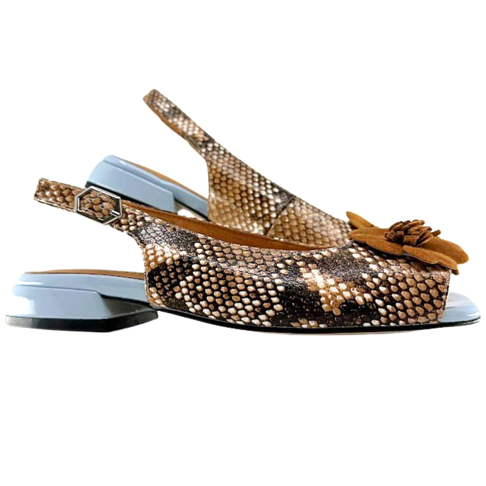 A pair of women's slingback shoes featuring a brown and beige snakeskin pattern, a brown suede flower detail on the toe, and a light blue block heel, shown against a plain white background.