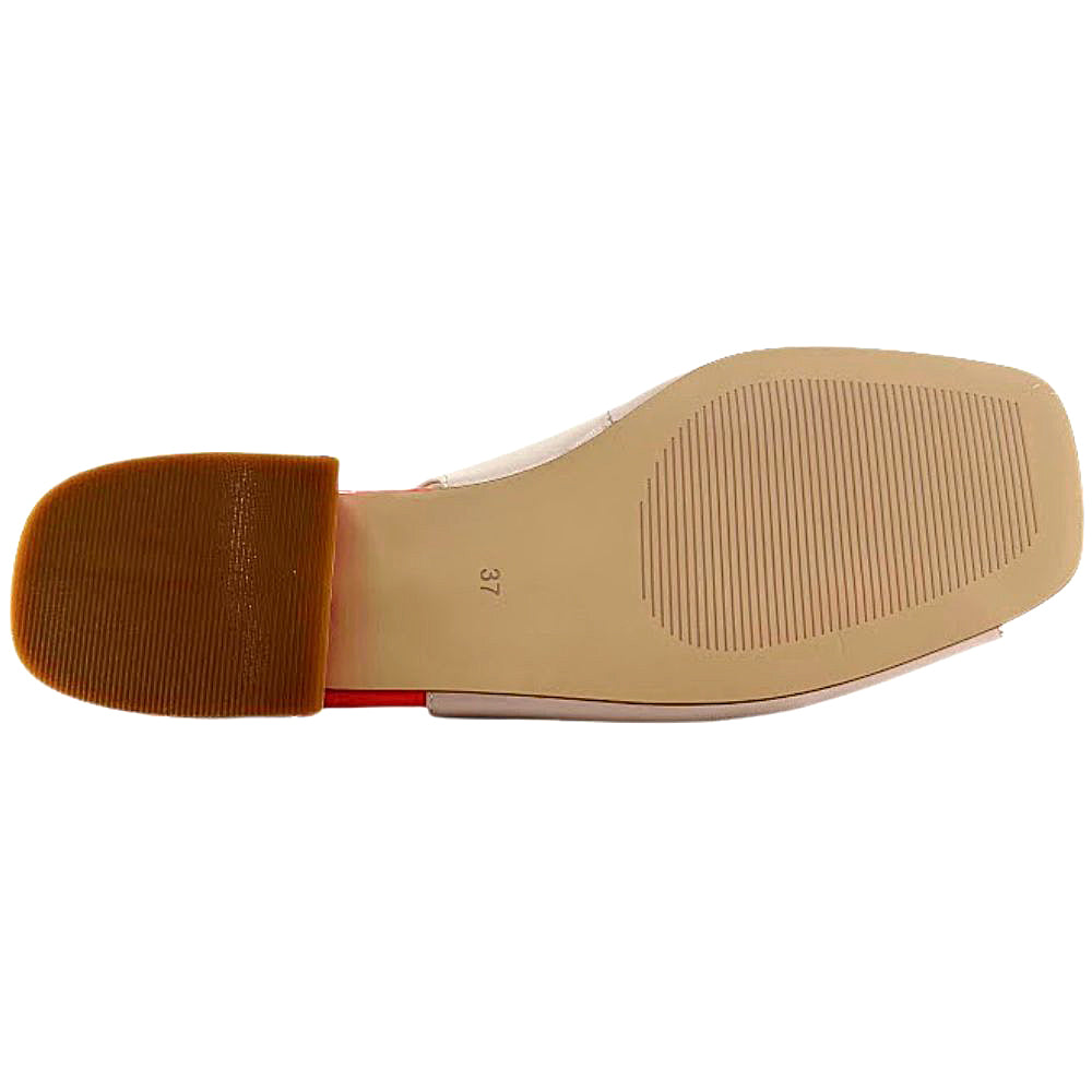 Top-down view of a shoe sole showing a tan rubber outsole with a textured pattern, a brown heel counter, and a hint of a red accent line near the heel, on a white background.