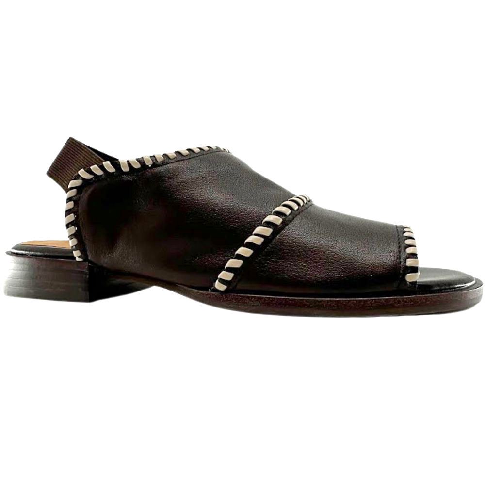 A dark brown leather peep-toe sandal with a low block heel and decorative braided trim details, shown from a side profile on a white background.