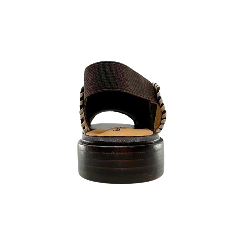 A single dark brown slingback sandal with a wide woven rear strap and a thick stacked wooden-look heel, shown from the back on a white background.