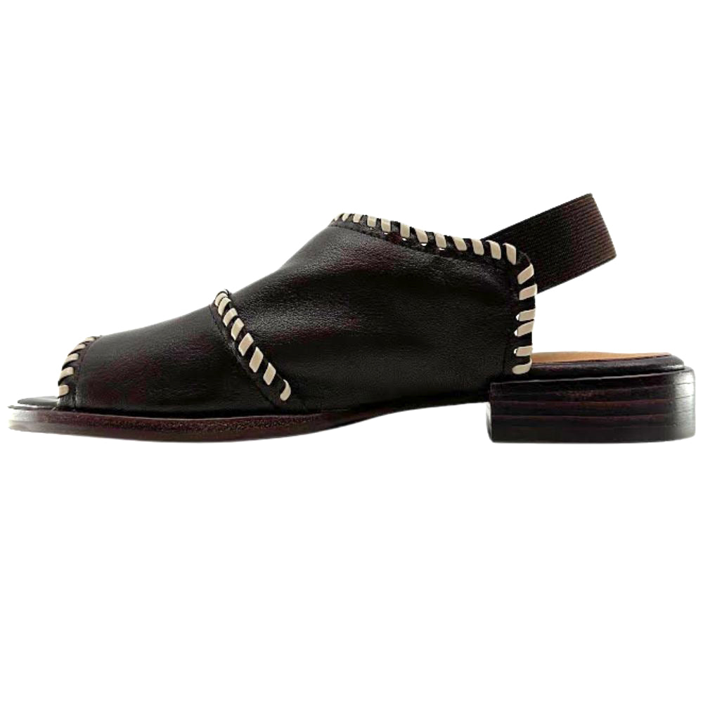 A single dark brown leather sandal with a peep toe, slingback strap, and decorative cream-colored braided trim along the edges, shown against a plain white background.
