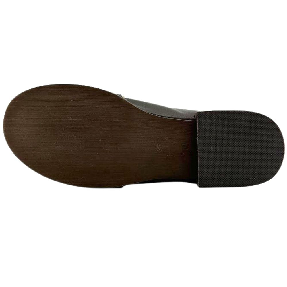 A close-up top-down view of a shoe sole, showing a dark brown textured footbed and a black textured heel section on a plain white background.