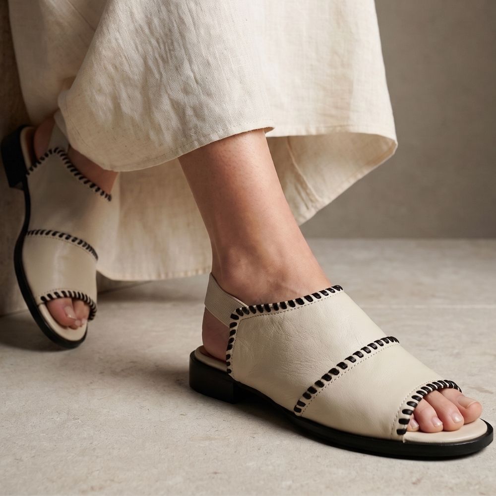 A pair of off-white leather slide sandals with black contrast stitching and black soles, shown on a model wearing a cream linen dress against a neutral concrete background.