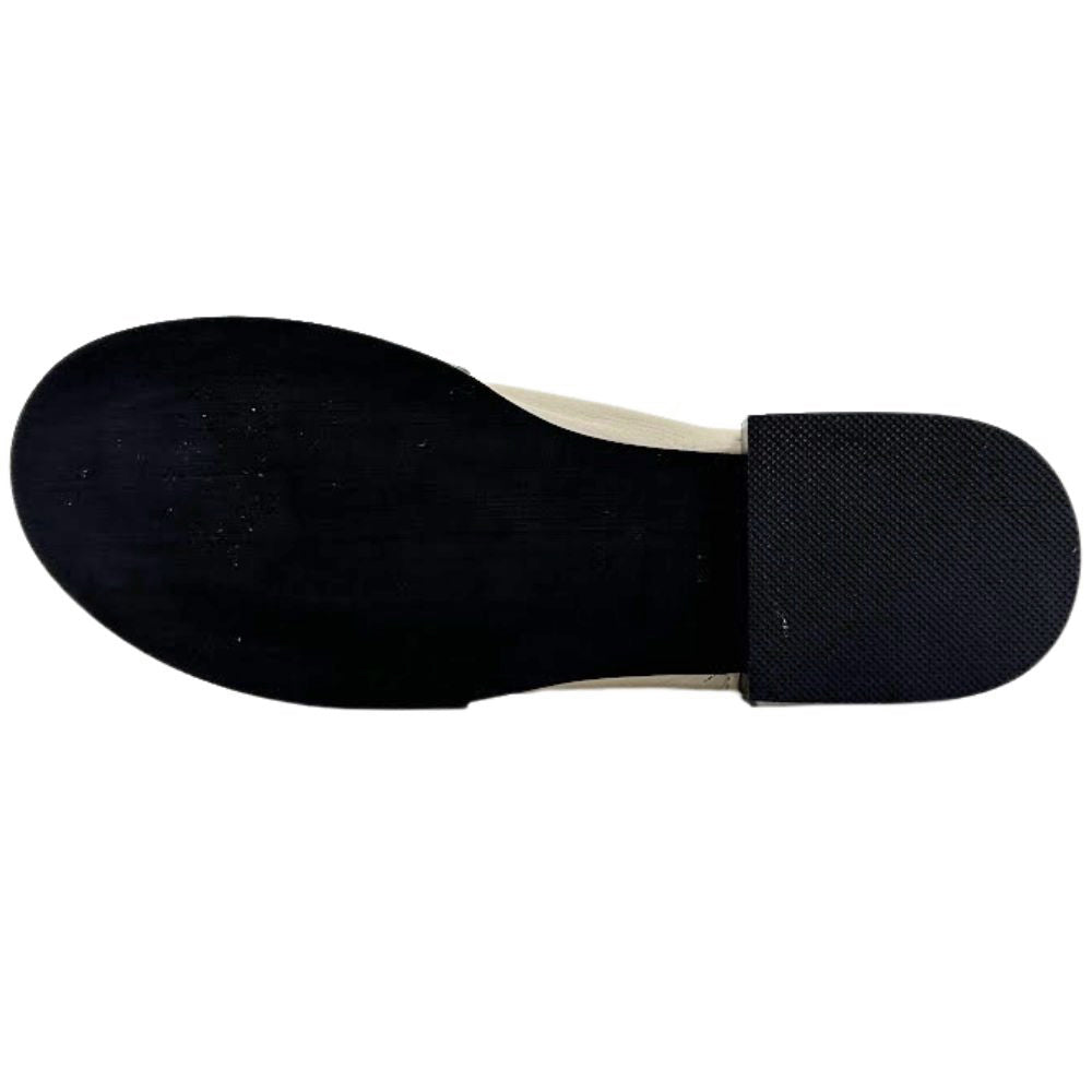 A top-down view of a black shoe sole, with a black textured rubber heel cap on a white background.