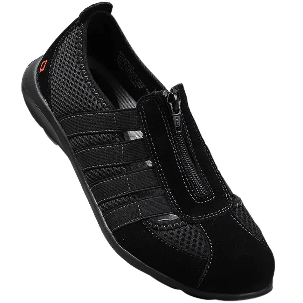 Black sneaker with a zipper on a white background