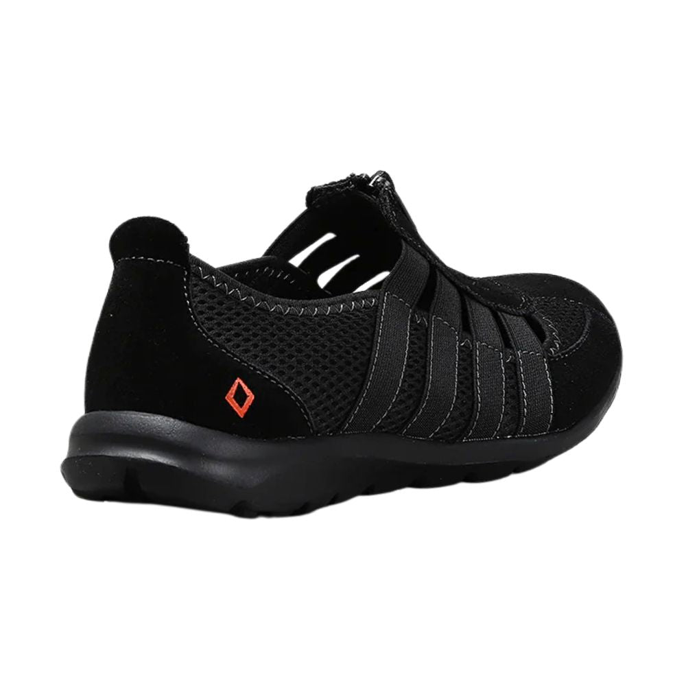 Black slip-on shoe with a small orange logo on a white background