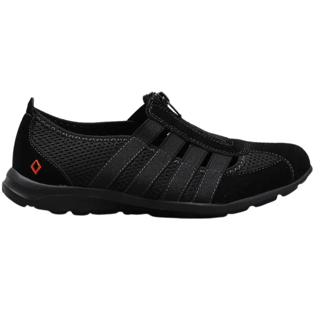Black slip-on shoe with a white background