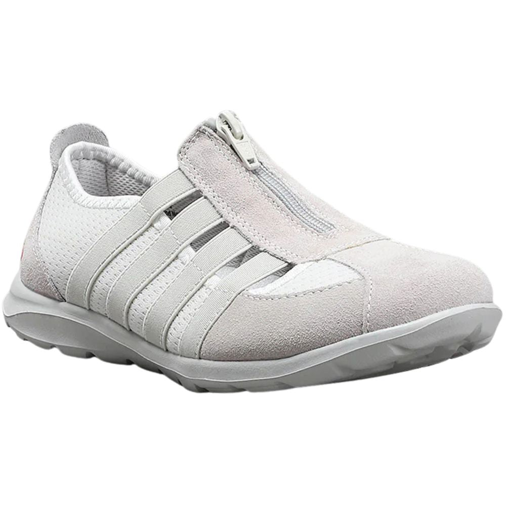 Cream slip-on shoe with taupe accents on a white background