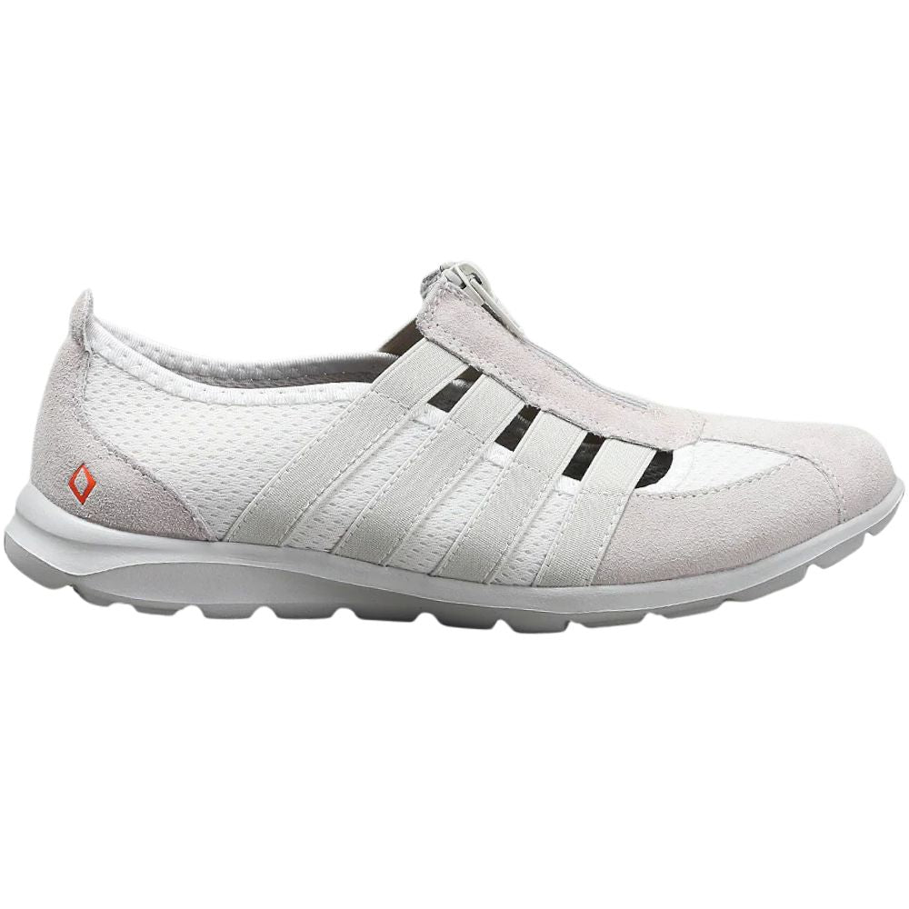 Cream casual shoe with taupe accents on a white background