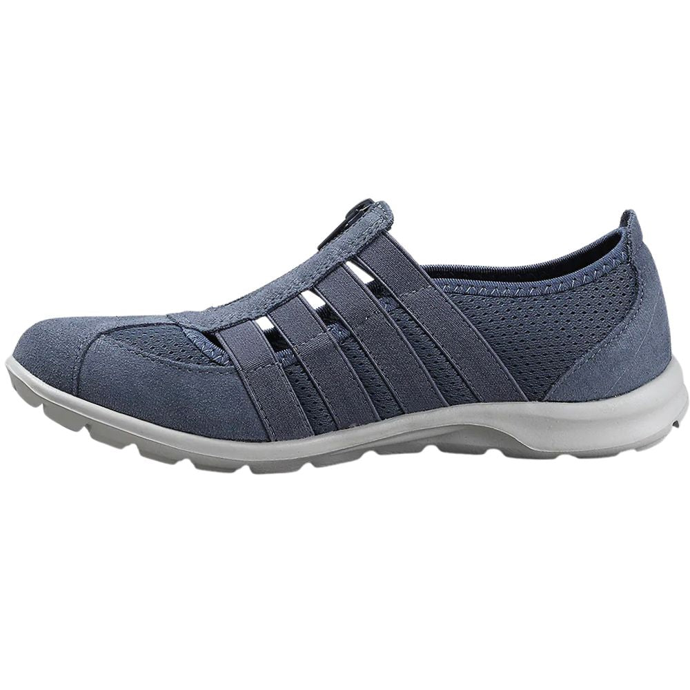 Blue slip-on casual shoe with grey sole on a white background