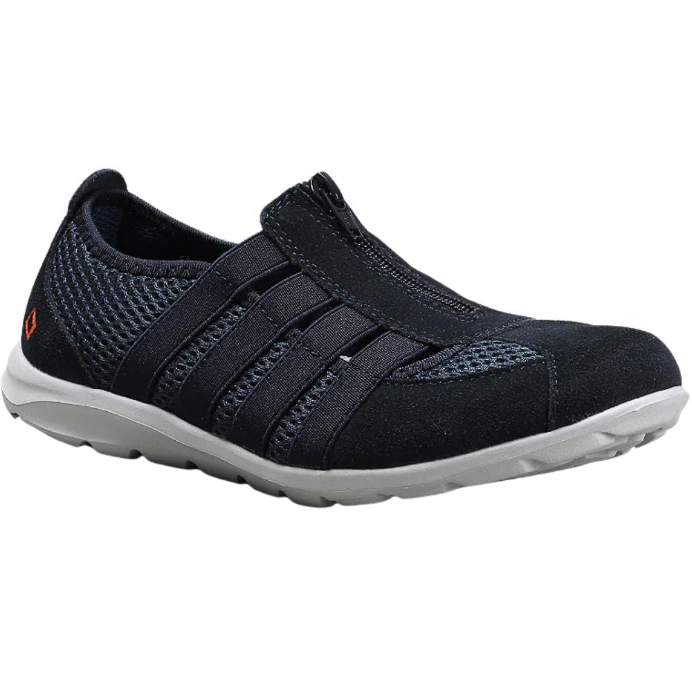 Navy blue casual shoe with grey sole on a white background