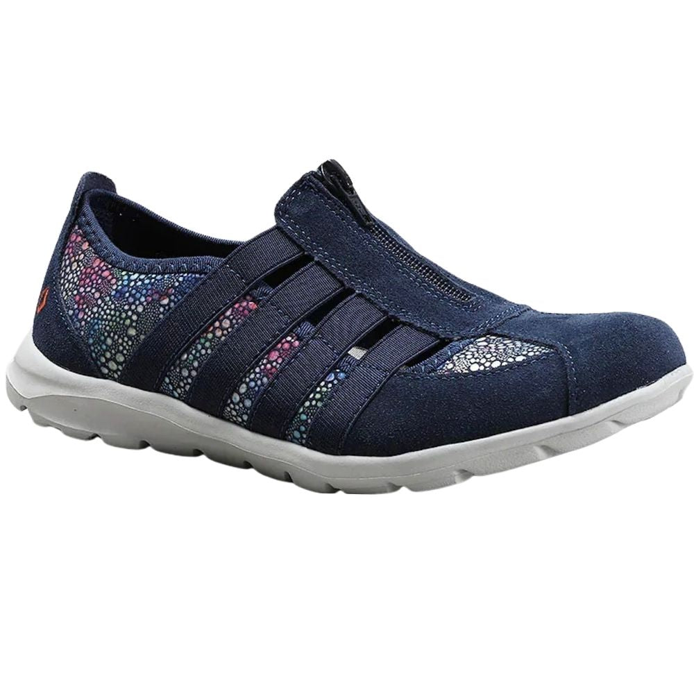 A navy blue slip-on walking shoe with a suede leather and textile upper, colorful  side panels, central zip, a white sole, and a small orange logo on the heel.