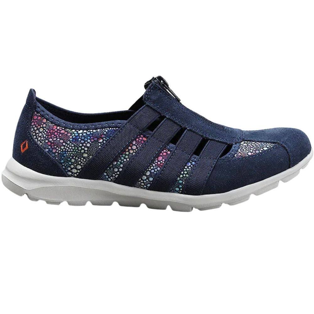 A navy blue slip-on walking shoe with a suede leather and textile upper, colorful  side panels, central zip, a white sole, and a small orange logo on the heel.