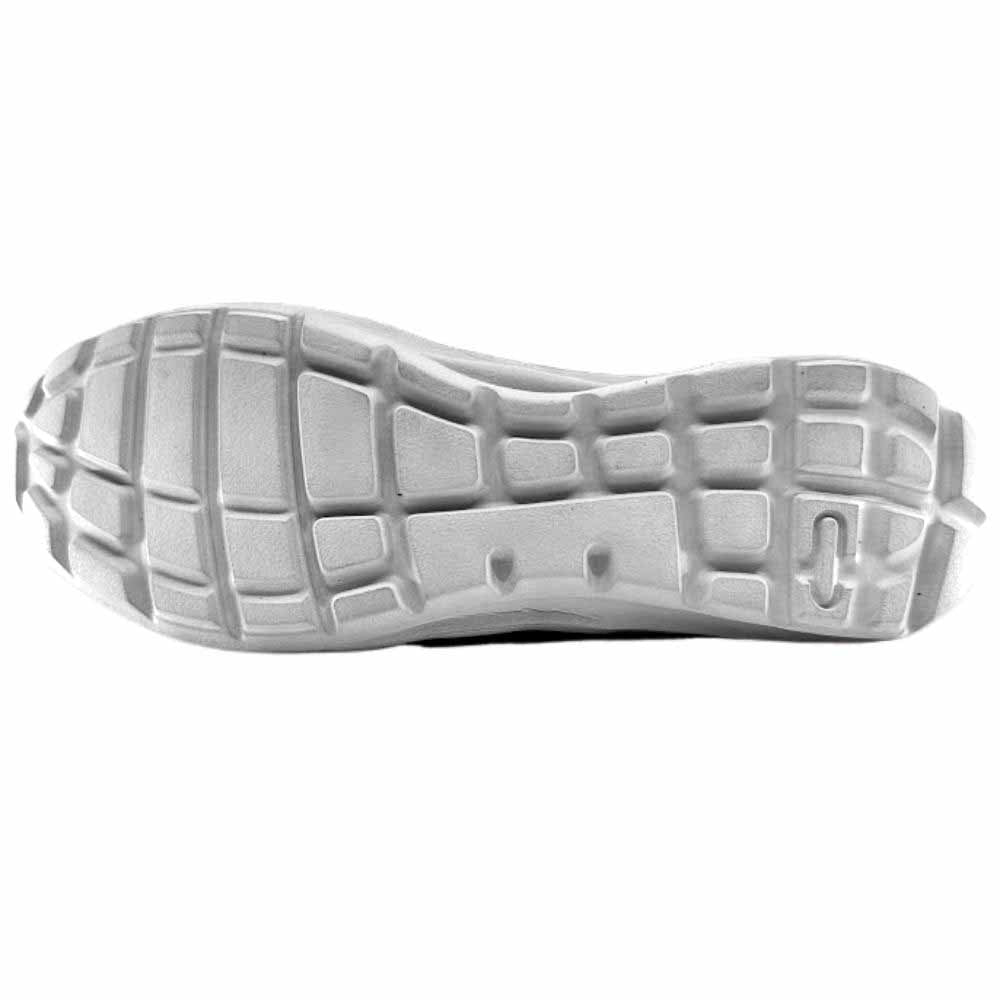 The white TPU rubber sole of a shoe with a tread pattern, set against a white background.