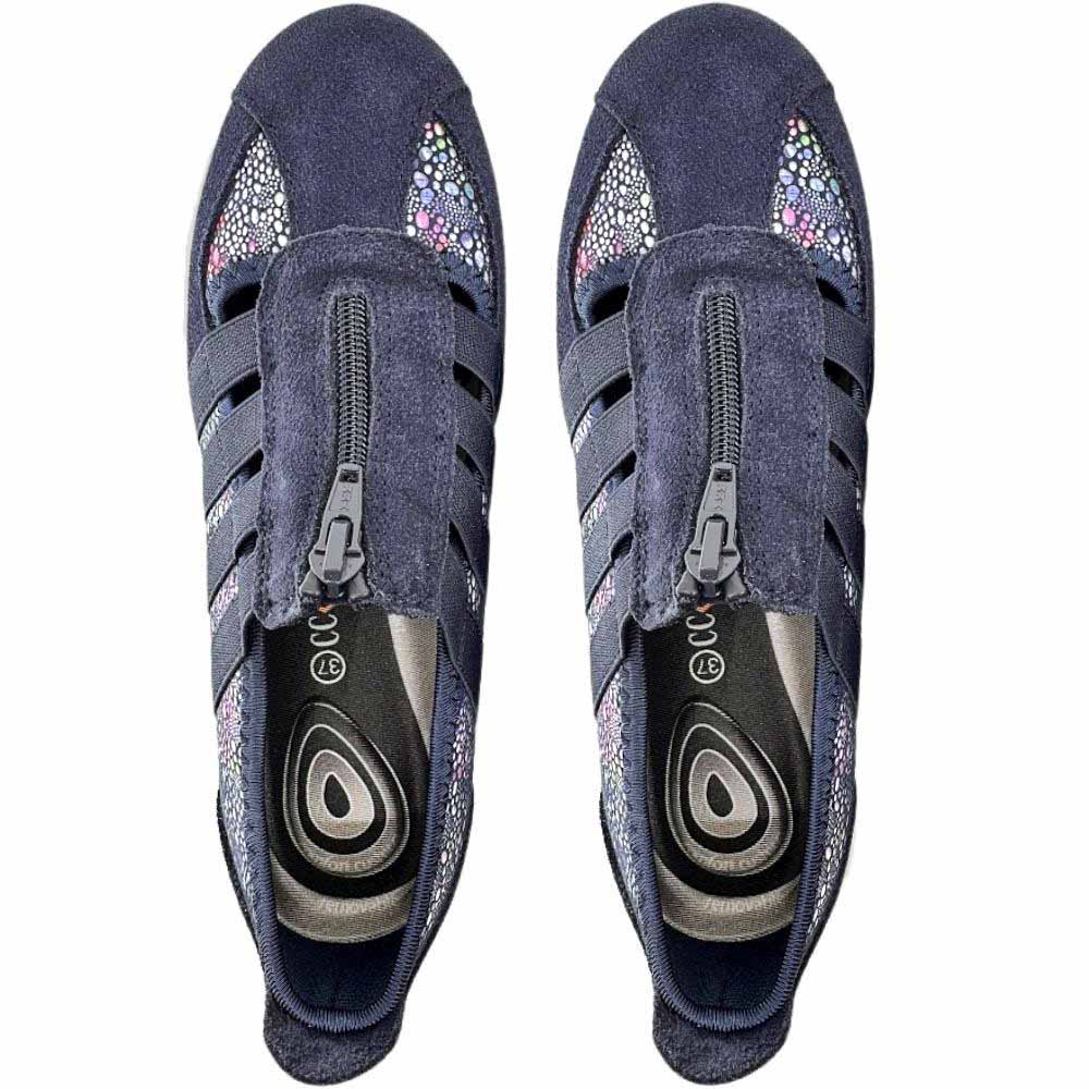 A pair of navy blue slip-on walking shoes with a suede leather and textile upper, colorful side panels and central zips, from a top-down perspective on a white background.