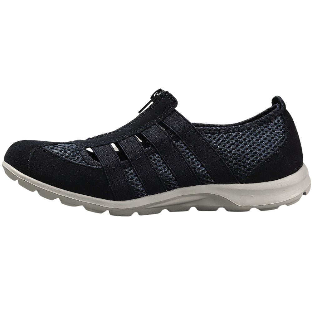 Navy blue casual shoe with grey sole on a white background