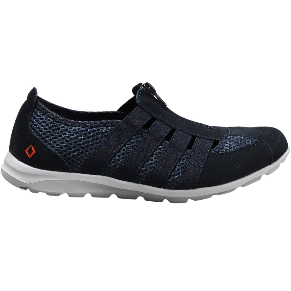 Navy blue casual shoe with grey sole on a white background