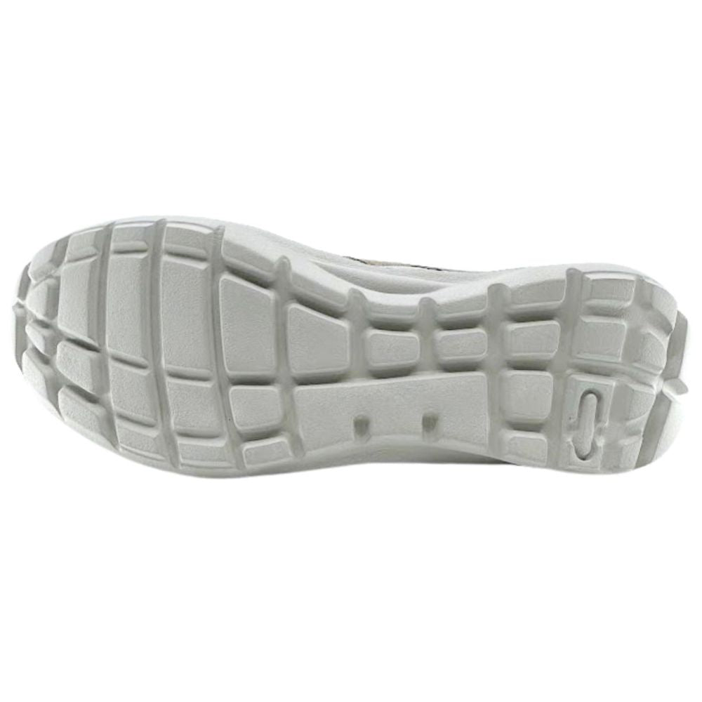 Close-up of a grey shoe sole with brand logo on a white background