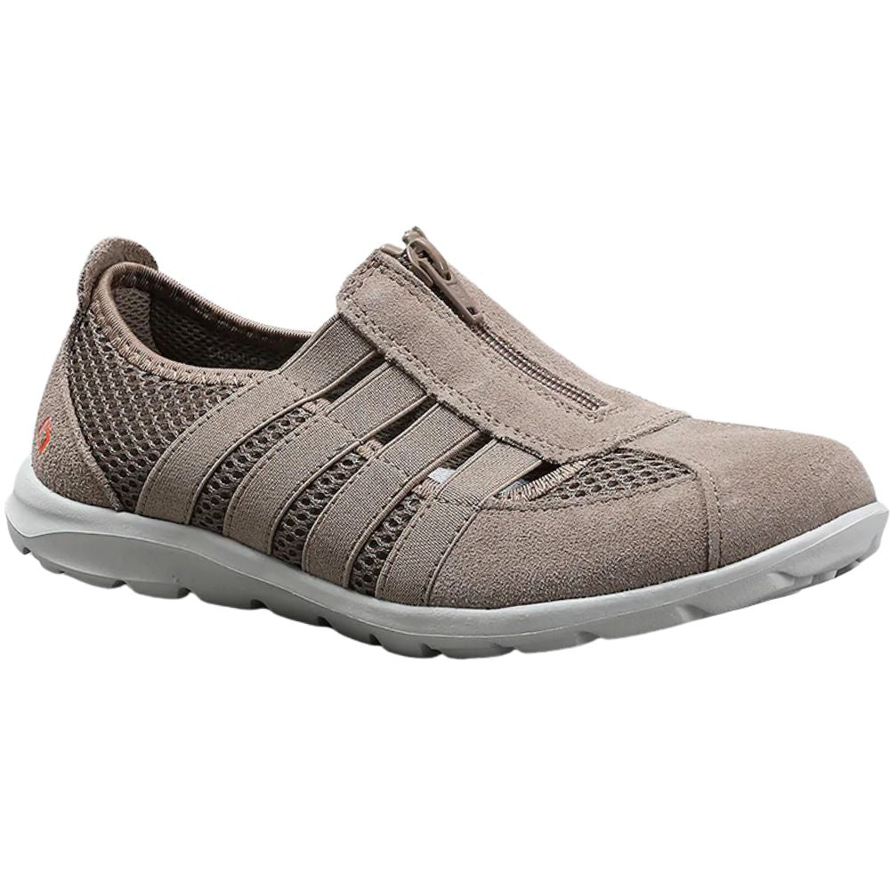 Taupe casual shoe with a grey sole on a white background