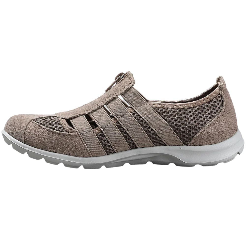 Taupe casual shoe with grey sole on a white background