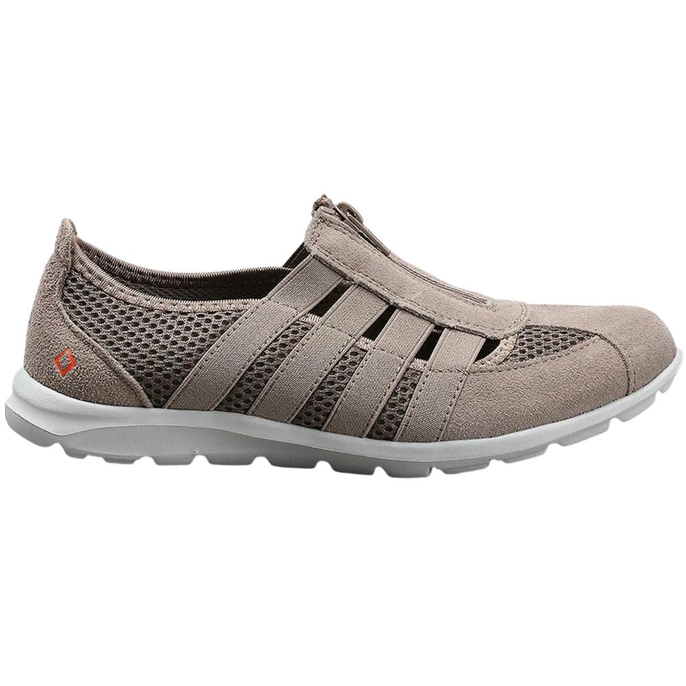 Taupe slip-on shoe on a white background